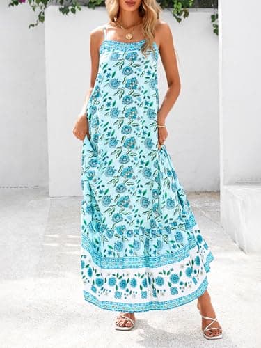 BTFBM Casual Women Summer Maxi Dresses 2026 Loose Sleeveless Sundress Spaghetti Strap Boho Long Dress Vacation(Light Lake Blue,Small) - Thumbnail 2