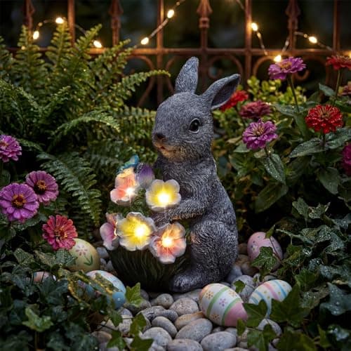 PETAFLOP Solar Garden Statues Outdoor Decor, Rabbit Figurines with Flowers for Patio Balcony Lawn Yard Decorations, Birthday Housewarming Gifts for Women Mom Grandma - Image 1