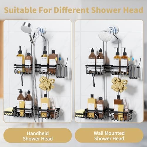 KEGII Shower Caddy Hanging for Handheld Showerheads, Rustproof Hanging Shower Organizer with Soap Dish, Toothbrush Holder and Hooks, Over Showerhead Caddy for Bathroom - Thumbnail 3