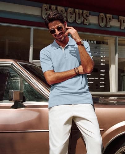 PJ PAUL JONES Mens Short Sleeve Polo T Shirt Lightweight Knitted Textured Shirts Casual Polo Golf Shirt Gray Blue M - Thumbnail 4