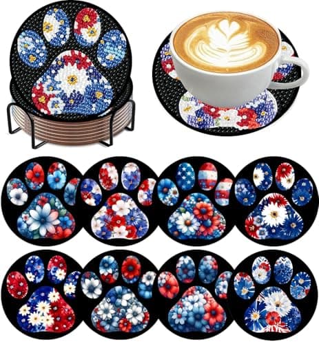 Ekuxom 8 PCS Diamond Art Coasters Kits- Paw Diamond Painting Coasters Kits with Holder Cork Pads-DIY Crystal Full Drill Rhinestone Drink Coaster for Crafts Gifts - Image 1