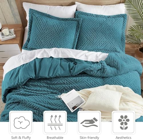 Homelike Moment Fluffy King Size Comforter Set - Teal Blue Fleece Warm Marshmallow Comforter for Winter, Luxury Fuzzy Sherpa King Bed Set 3 Piece - Thumbnail 5