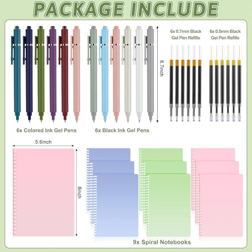 Niodel Spiral Notebooks Set, 9 Pcs A5 College Ruled Journals with 6 Black Ink Gel Pens, 6 Colored Ink Gel Pens, 6×0.5mm & 6×0.7mm Refills, Perfect for School Work Journaling - Thumbnail 3
