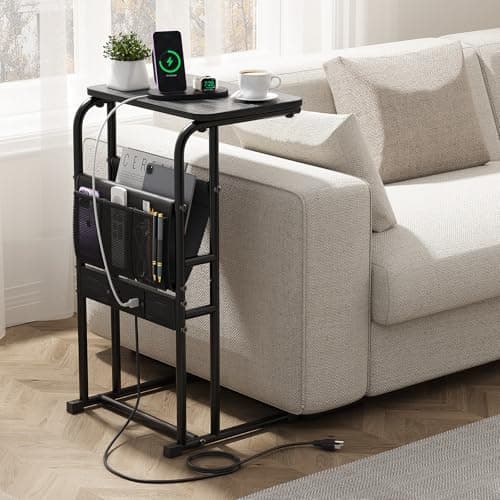 Olldide C Shaped End Table with Charging Station, Side Table for Living Room Bedroom, Slide Under Couch Sofa TV Trays Desk, Small Narrow Space Applicable, Black