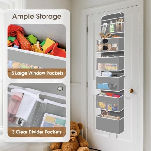 SpaceHacks 6-Tier Over The Door Organizer, Hanging Storage Organizer with Clear Window, 40lb Ultra Sturdy Large Capacity Room Organizer for Pantry Bathroom Nursery Closet Baby Essential (Grey) - Thumbnail 4