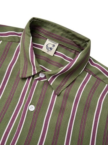 Hardaddy Men's Classic Color Contrast Striped Shirt Long Sleeve Casual Button Down Shirts Blouse Green M - Thumbnail 3