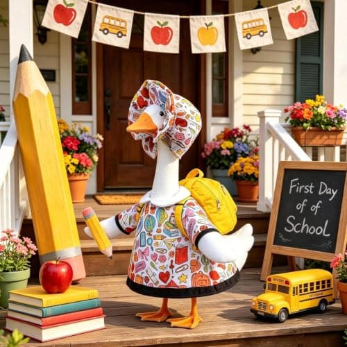 yuboo Back to School Garden Goose Outfits - 3-Piece Lawn Goose Clothes Set with Doodle Dress, Ruffled Bonnet, Yellow Backpack for 23'' Porch Goose (Goose Statue Not Included)