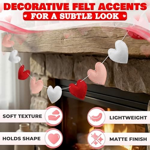 Felt Heart Garland Decorations with 3D Felt Hearts – Adjustable Spacing on 7.3 FT String for Fireplace, Wall or Shelf Styling – Heart Garland for Mantle in Pink, Red and White with 16 Sliding Hearts - Thumbnail 4