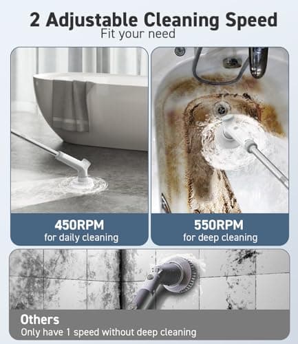 Electric Spin Scrubber, VEWIOR Cordless Shower Scrubber with 3 Adjustable Angle, Cleaning Brush with 2 Speeds 3 Replaceable Brush Heads for Bathroom Kitchen Tub - Thumbnail 4