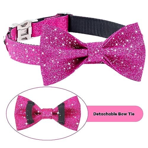 Jumpress Girl Dog Collar with Bow, Bling Female Bowtie Dog Collar for Puppy Small Dogs and Cats Daily Walking or Holiday Party (Hot Pink, Neck fit 9-12’’) - Thumbnail 3