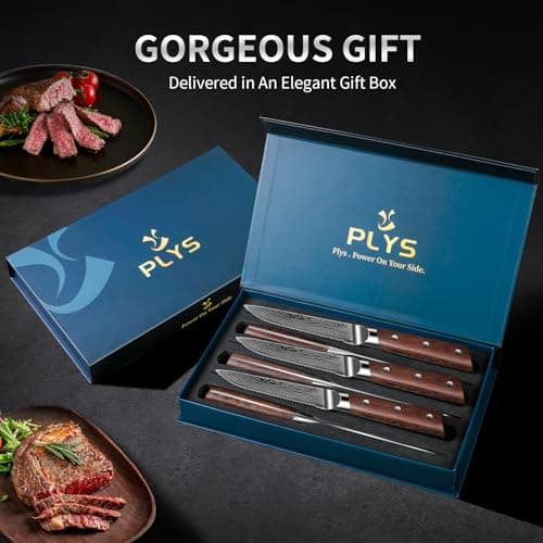 Plys Steak Knives Set of 6 Japanese: Serrated Knife Stainless Steel Steak Knife Set for Kitchen Dishwasher Safe Full Tang Design with Gift Box for Mother and Father - Thumbnail 2