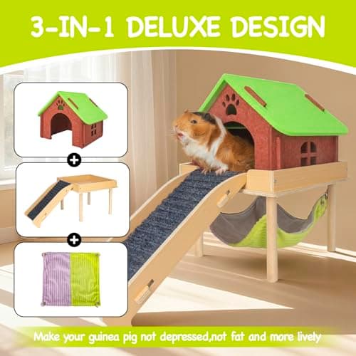 BESNEW 3 in 1 Enlarged Guinea Pig Hammock,Wooden Guinea Pig Hideout with House & Platform & Stairs Small Animal Toys for Hiding Sleeping Activities - Thumbnail 2
