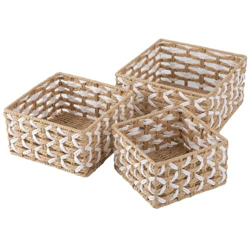 OIAHOMY Storage Baskets Paper Rope Shelf Baskets, Handwoven Small Wicker Bins for Home, Set of 3-Yellow & White - Image 1