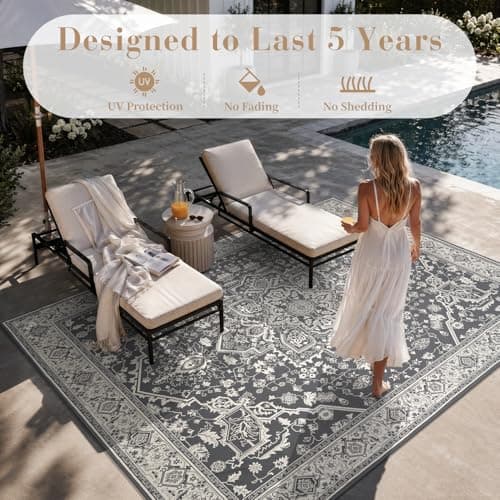 AMOAMI-Outdoor Rug-Patio Rug 5x8 ft Quick Dry Flatweave Textured Machine Washable Outdoor Carpet with Rubber Particles Backing Vintage Outdoor Area Rug for Patio Deck Front Porch Balcony Greyish Black - Thumbnail 5