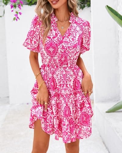 BTFBM Women Summer Floral Short Dresses V Neck Short Sleeve Tiered Ruffle Boho Swing Dress A-Line Mini Dresses(White Rose Red Floral,Small) - Thumbnail 2