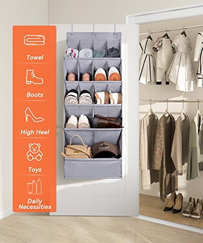 FENTEC 1 Pack Over-the-Door-Shoe-Organizers, Hanging Organizers with Large Pocket Shoe Holder Hanging Shoe Rack for Closet Shoe Organizer for Wall, Over Door Organizer with 15 Pockets Gray - Thumbnail 2