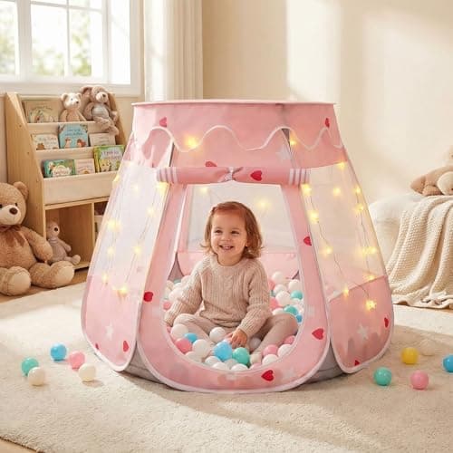 Pop Up Princess Tent with Star Lights for 1 2 3 Year Old Girl Birthday Gifts, Ball Pit for 12-18 Months Baby Girl Toys, Toddler Gifts with Carrying Bag, Indoor&Outdoor Play Tent for Kids (Pink Gray) - Thumbnail 3