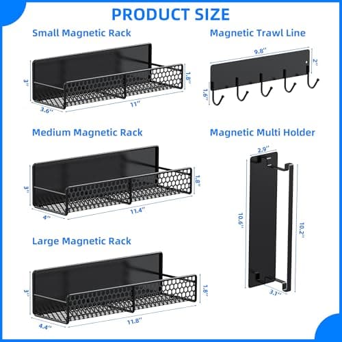 JulktLli 5 Pack Multifunctional Magnetic Shelves for Washing Machine & Refrigerator - Heavy Duty Laundry Room Organization System with Tool Hooks, Metal Storage Baskets (Black) - Thumbnail 2