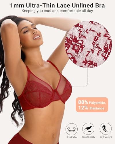 As Fairy Lace Underwire Bras for Women Full Coverage Minimizer Breathable Unlined Supportive Bra for Big Bust(Coral Red 42DDD) - Thumbnail 2