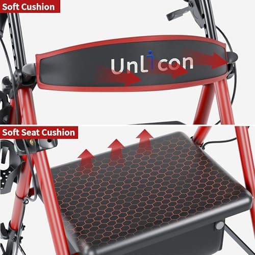 UNLICON Rollator Walkers with Seat, Rollator Walker with Durable, 8'' Big Wheels, 350 lb. Weight Capacity, Adjustable Handles and Seat Height ，Lightweight Rolling Walker for Seniors-Red - Thumbnail 5
