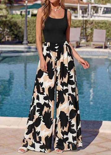 KIRUNDO Jumpsuits for Women Dressy 2026 Summer One Piece Sleeveless Boho Floral Wide Leg Romper Beach Vacation Cruise Outfits(Black, Small) - Thumbnail 5