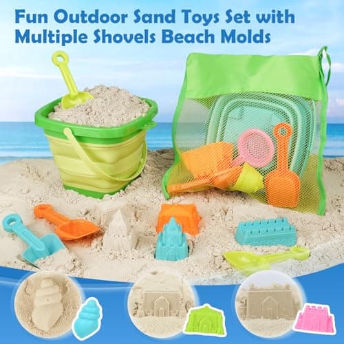 Dreamon Beach Toys for Kids 3-10, Collapsible Sand Toys Include 3 Pack Foldable Buckets with Mesh Bag, 24 PCS Beach Mold and Shovels Molds, Travel Sandbox Beach Toys for Toddler - Thumbnail 3