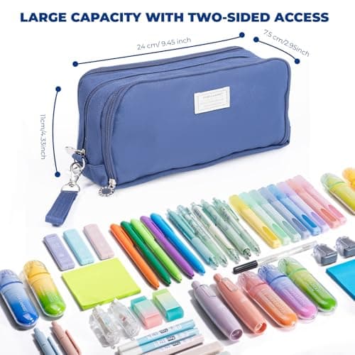 Four Candies Blue Pencil Case 3 Compartment Pouch, Large Pencil Case for School, Girls, Teen Boys, Women, Dark Blue, Removable Handle & Zipper, Cute Pencil Bag for Office, College - Thumbnail 2