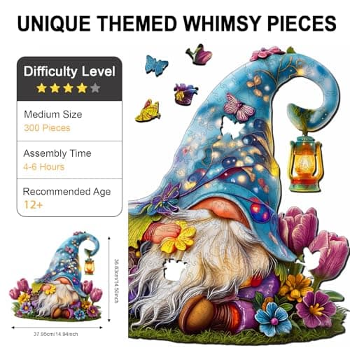 Gnome Wooden Puzzles for Adults 300 Piece, Unique Shape Wooden Jigsaw Puzzle for Adults, Challenging Large Dreamy Garden Gnome Flowers Puzzle, Creative Gift for Friend Family Game Wall Decor 15*14.5in - Thumbnail 2