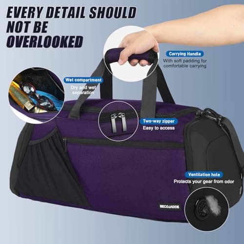 BECOJADDE Gym Bags for Men Women 40L Large Gym Backpack Multiple Pockets Sport Duffle Bags with Shoe & Wet Compartment for Workout Travel Weekend Overnight Purple - Thumbnail 4