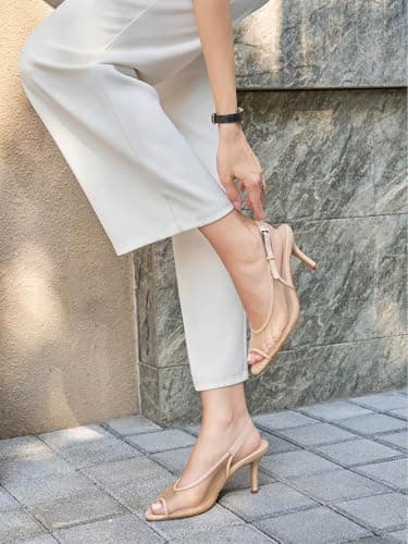 Coutgo Womens Slingback High Heels Open Peep Toe Mesh Sandals Buckle Wedding Party Dress Shoes, Khaki, Size 6 - Thumbnail 2