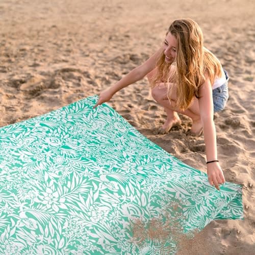 SkyNature Beach Blanket, Waterproof Sandproof Beach Mat with 4 Stakes & 4 Pockets, 78''×86'' Large Compact Lightweight Sand Free Outdoor Essentials for Beach, Picnic, Travel, Camping - Thumbnail 4