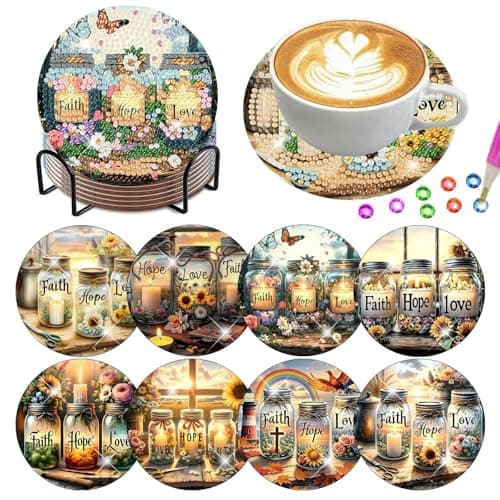 Lophomie 8 Pcs Diamond Art Coasters Kits for Adults with Holder Cork Pads, Diamond Painting Coasters Kit, Diamond Dots Coaster Kit Art Crafts DIY Non-Slip 4x4in（Faith Hope Love Wishing Bottle） - Image 1