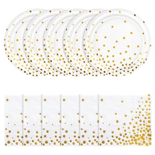 NatNarr 50 Pcs White and Gold Plates and Napkins, Dessert Cake Plates Golden Dot Disposable Tableware Set Gold Party Decorations for Birthday Wedding New Year Graduation Engagement Retirement Events - Image 1