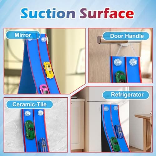 Flexible Race Track Toys for Kids, 15 Ft Flex Tracks Starter Set with Strong Suction Cups - Compatible with Hot Wheels and Diecast 1/64th Cars, Rolls up Portable Race Car Ramp Track (Red Blue) - Thumbnail 6