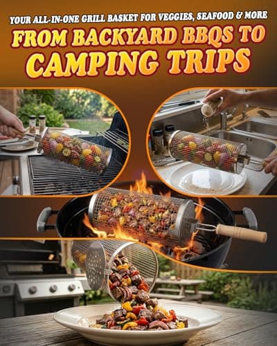 Rolling Grill Basket Set, 2-Pack 304 Stainless Steel BBQ Tool with Removable Wooden Handle for Vegetables, Shrimp, Camping, Smoker Accessories, Gifts for Men Dad Husband - Thumbnail 4