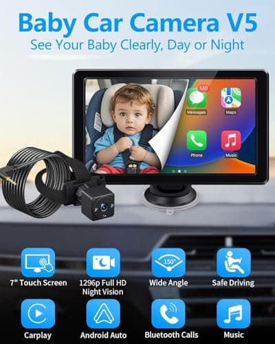 Faninso Baby Car Camera, 1296P HD Car Baby Monitor with 7" Touchscreen, CarPlay, No‑Glow Night Vision, 150° Wide Angle, Live Rear‑Seat View, Easy Installation, Alternative to Rear Facing Mirrors - Thumbnail 2
