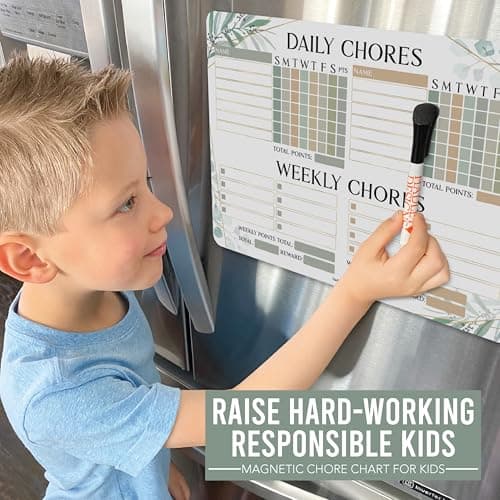 Hadley Designs Magnetic Chore Chart for Kids Multiple - Chores Board for Refrigerator, Dry Erase Task Chart for 2 Kids Daily Behavior, Family Weekly Planner for Teens and Adults, Greenery Chore Board - Thumbnail 2