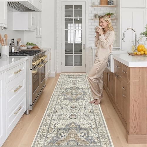 EiniHliw 2x6 Washable Kitchen Runner Rug, Non Slip Vintage Runner Rugs for Hallway, Ultra-Thin Low Pile Distressed Kitchen Rugs Non Skid, Machine Washable Laundry Entryway Indoor Carpet,Beige/Blue - Thumbnail 3