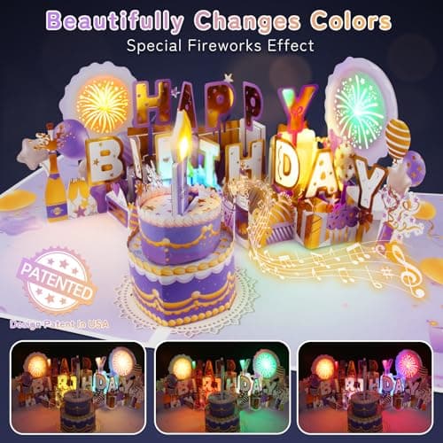 XTF2015 Firework Birthday Cards，Music & LED Lights 3D Pop Up Greeting Card with Blowable Birthday Cake, Comes with Digital DIY, Sticky Note and Envelope, for Lover, Family and Friend - Thumbnail 2