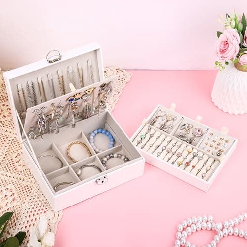 BOOVO Earring Jewelry Box For Women Girl Stud Organizer, 4 Layers Girl Jewelry Organizer Box With Lock Earring Holder Organizer Necklace Ring Jewelry Organizer Box For Girls (White, 4 layer) - Thumbnail 6