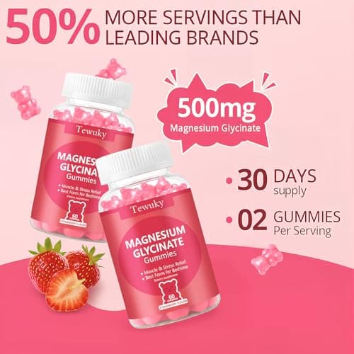Magnesium Glycinate Gummies 500mg, Sugar-Free for Adults & Kids, Magnesium Gummy for Relaxation, Stress & Muscle Relief, Supports Bone & Nerve Health, Vegan, Pectin-Based, 60 Count, Strawberry Flavor - Thumbnail 6