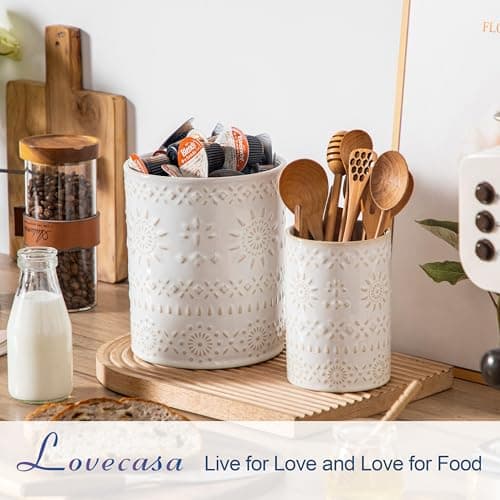LOVECASA Utensil Holder, 7.2"+5.4" Ceramic Utensil Holder for Countertop, Large Cooking Utensil Crocks for Kitchen Counter, Farmhouse Utensil Vase for Housewarming, Kitchen Decor, Set of 2, Oasis - Thumbnail 4