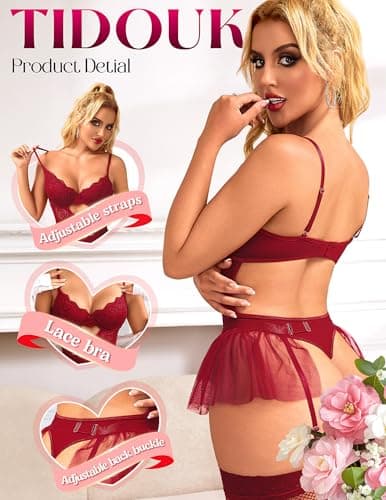 Tidouk Sexy Lingerie Sets for Women Lace Bodysuit Garter Lingerie set Babydoll Mini Skirt with Stockings（Wine Red,Small - Thumbnail 3