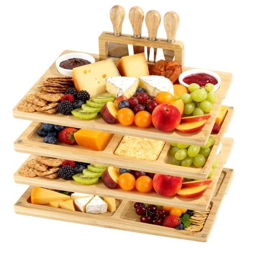 Bamboo 4 Piece Charcuterie Platter - Cheese Board Knife Set, Wooden Dinner Plate and Knife Set with Knife Holder, Suitable for Personalized Gifts Weddings, Housewarming, Birthdays, Christmas