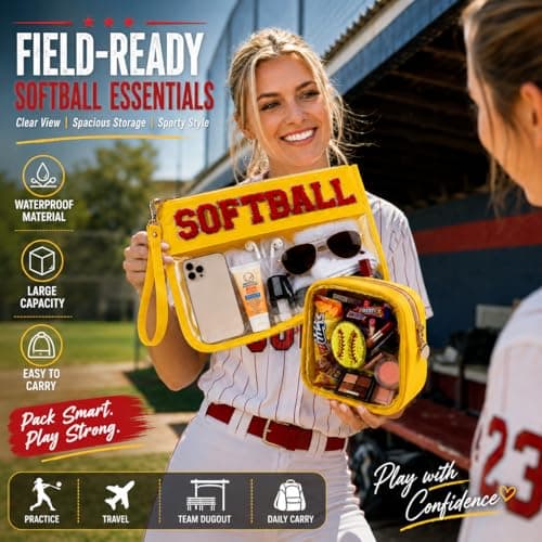 PEVART 2-Piece Softball Gifts Makeup Snack Bag Chenille Letter Patch | Large Baseball Clear PVC Travel Zipper Pouch Accessories Stuff Waterproof Portable Sport Bag for Mom, Girls - Thumbnail 4