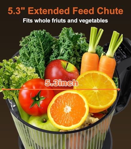 URVIBY Juicer Machines, 5.3" Large Feed Chute Cold Press Juicer with Double Press Technology, 400W Motor, High Juice Yield, Easy to Clean, Masticating Juicer for Whole Vegetables & Fruits, Black - Thumbnail 2