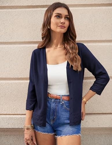 GRACE KARIN Women's 3/4 Sleeve Cardigans Lightweight Summer Spring Cardigans for Women Button Up Cardigan(Navy Blue,x-Large) - Thumbnail 5