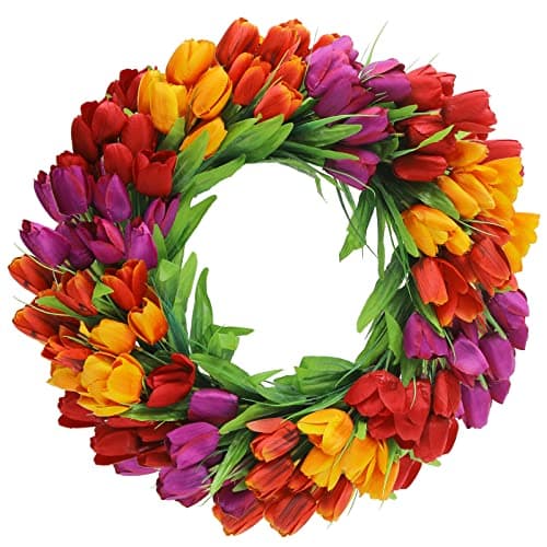 U'Artlines 20 Inch Tulip Wreath for Front Door, Spring Summer Silk Wreath with Green Leaves Artificial Tulip Flower Wreaths for All Seasons Window Wall Wedding Valentines Day Decor - Image 1