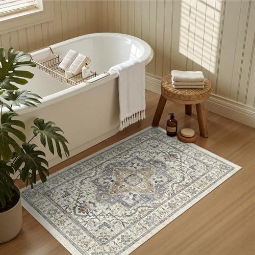 EiniHliw Washable Entryway Runner Rug - 2x3 Kitchen Rug Distressed Low Pile Mats Non Slip Soft Rugs for Dining Room with Rubber Backing Bedroom Runner with Vintage Design (Beige/Blue 2x3) - Thumbnail 6