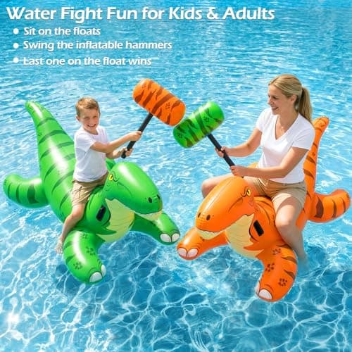 Jasonwell Pool Games Toys Floats -2Pack Inflatable Dinosaur Pool Floats with Blow Up Toy Hammers Ride on Pool Floaties for Kids Teens Adults Lounge Raft Summer Lake Beach Party Decorations (GN&Org XL) - Thumbnail 2